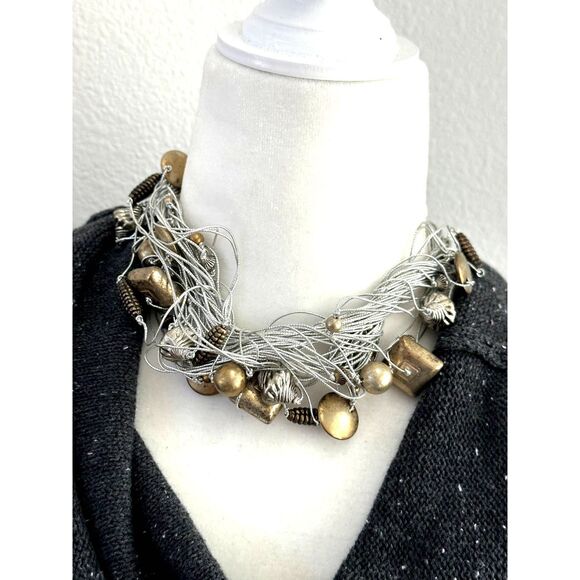 Statement Necklace with Silver Threads and Metallic Beads - Picture 1 of 6